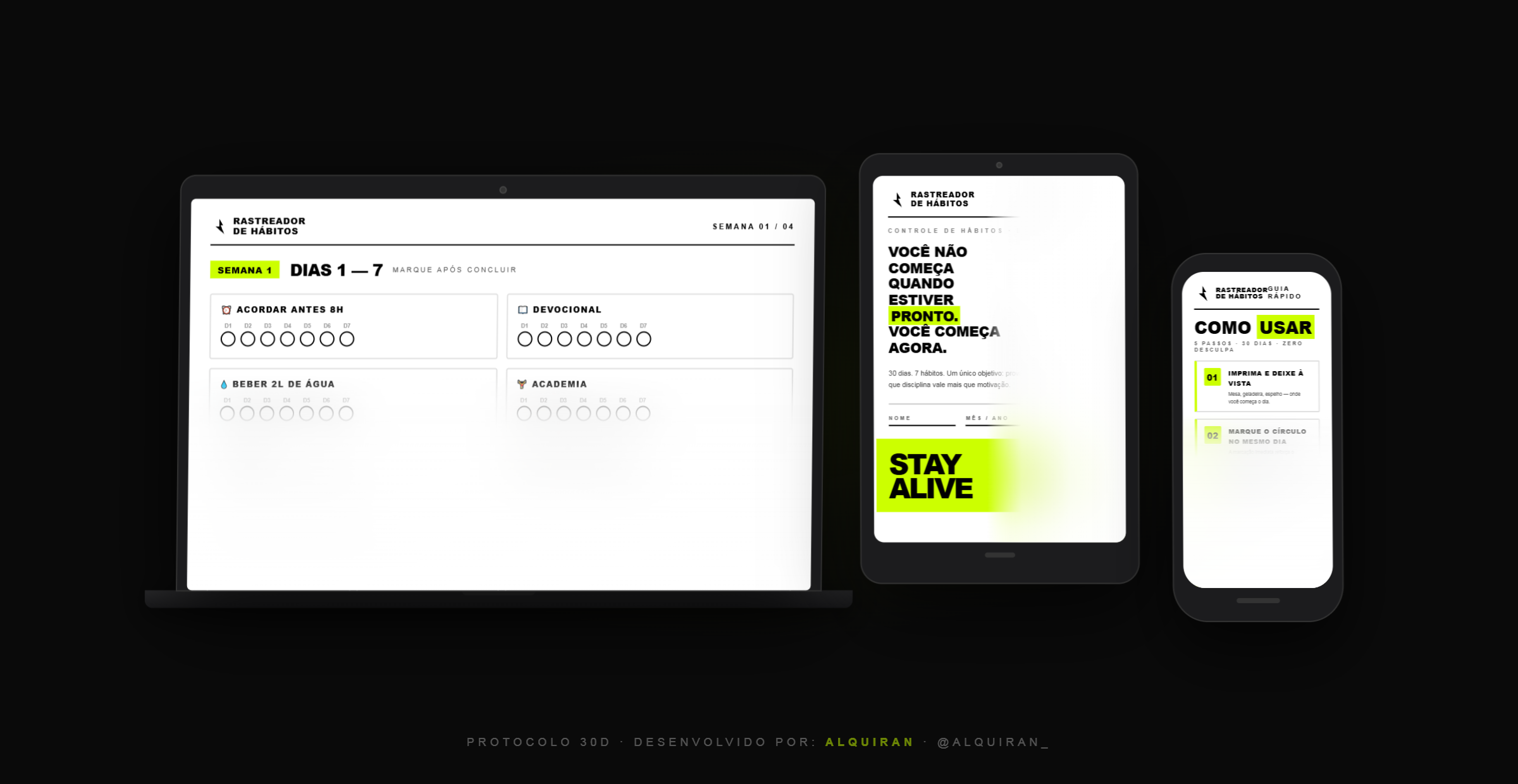 Mockup Rastreador de Hábitos — desktop, tablet e mobile